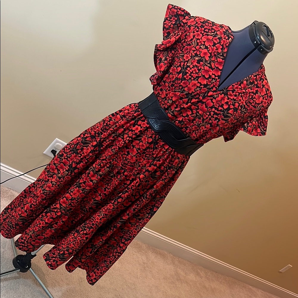 Floral Red, Black, Brown Dress with Accents. Belt NOT included